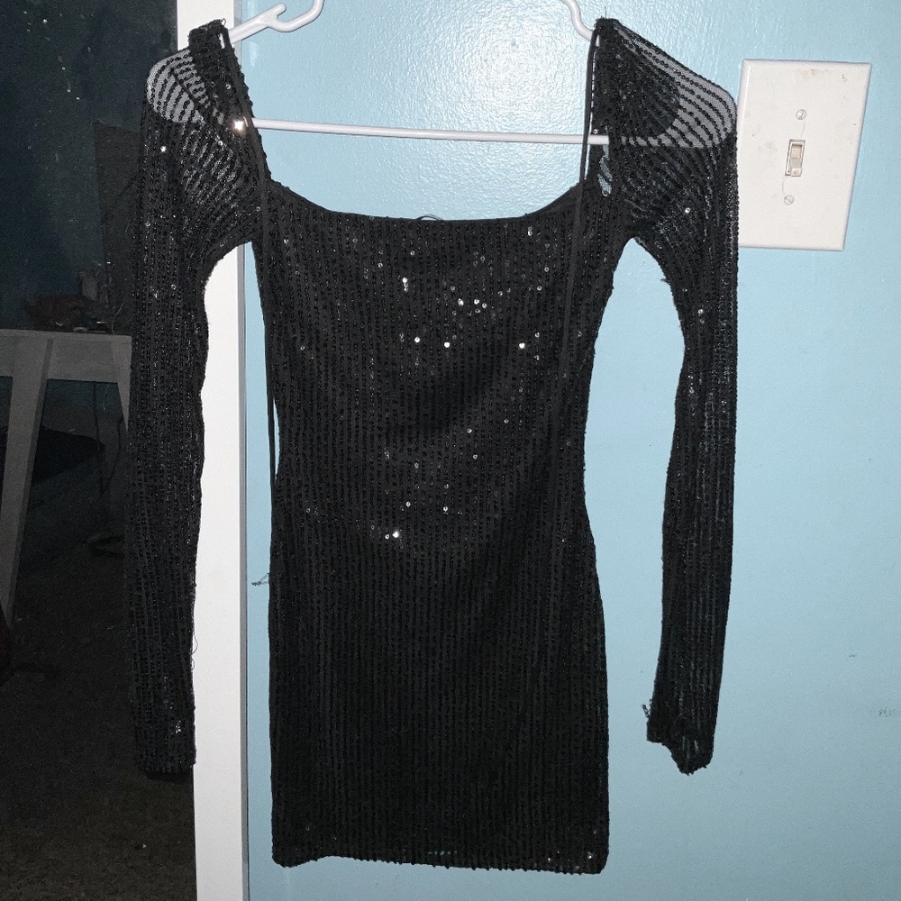 Square Neck Dress in Black Sequin